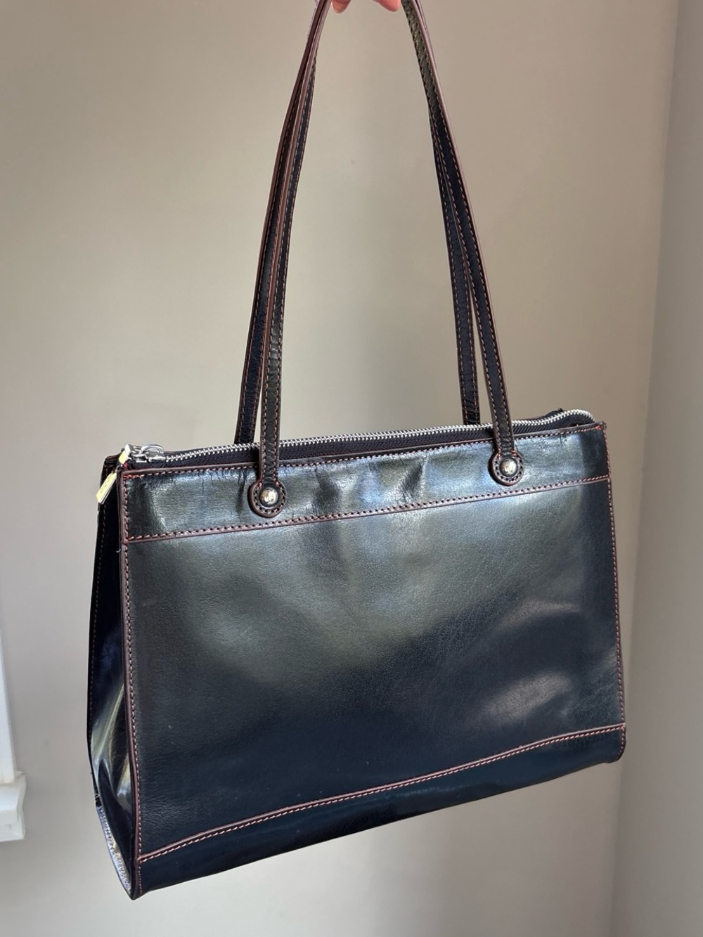 HOBO Black Leather Shoulder Bag Tote with Contrast Brown Stitching